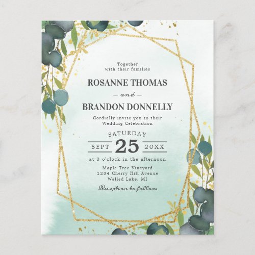 Rustic Eucalyptus Budget Wedding Invitation - Budget greenery wedding invitations featuring a rustic faded watercolor washed out backdrop, a gold glitter geometric shape, elegant green eucalyptus leaves, splashes of faux gold foil, and a simple wedding template that is easy to personalize.