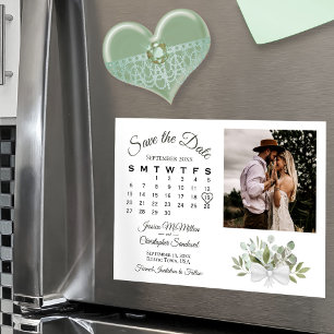 Rustic Eucalyptus Calendar & Photo Save the Date Magnetic Invitation