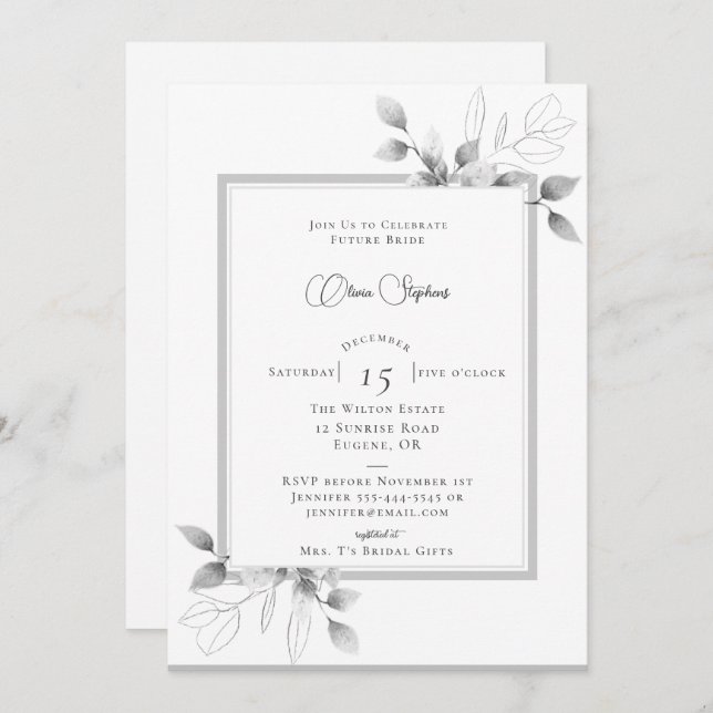 Rustic Eucalyptus Calligraphy Winter Bridal Shower Invitation (Front/Back)