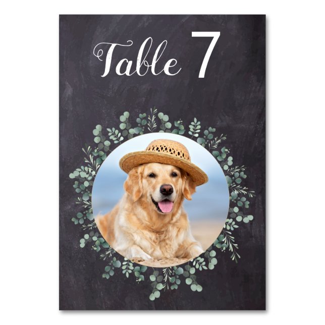 Rustic Eucalyptus Chalkboard Dog Photo Pet Wedding Table Number (Front)