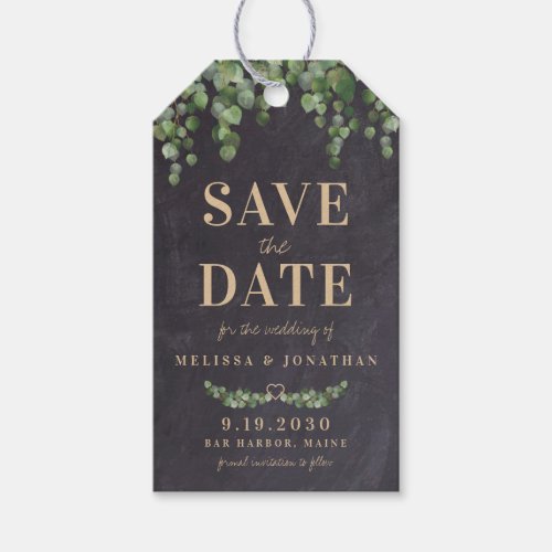 Rustic Eucalyptus Chalkboard Save The Date  Gift T Gift Tags