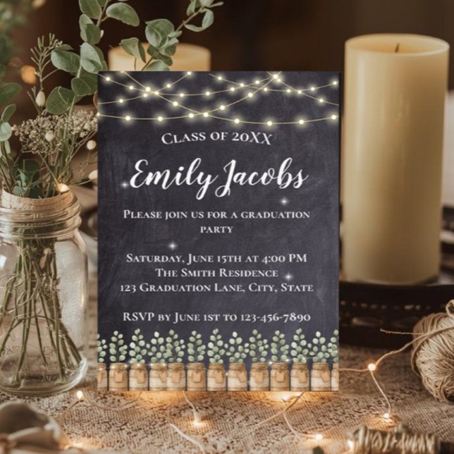 Rustic Eucalyptus Country Chalkboard Graduation Invitation (Rustic eucalyptus graduation invitation with string lights and farmhouse country charm.)