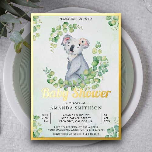 Rustic Eucalyptus Cute Koala Bear Baby Shower Gold Foil Invitation