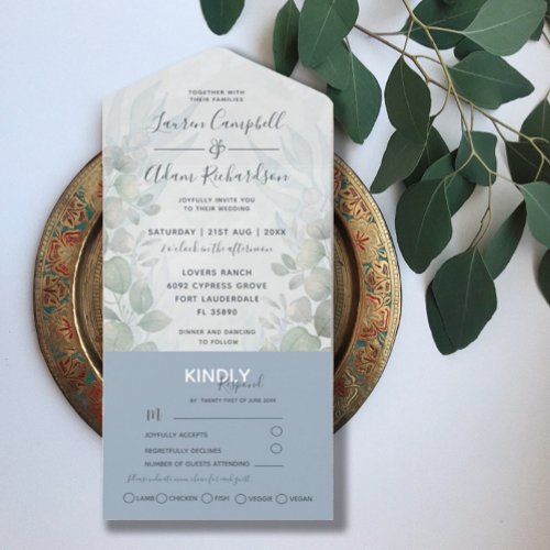 Rustic Eucalyptus Dusty Blue Watercolor Wedding All In One Invitation