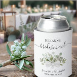 Rustic Eucalyptus Elegant Bridesmaid Wedding Can Cooler<br><div class="desc">These beautiful wedding can coolers are a fun and thoughtful way to thank your bridesmaids. They feature a beautiful boho chic design with elegant script lettering and a cluster or bouquet of sprigs of hand painted watercolor eucalyptus leaves and greenery in shades of mint, moss, and sage green. The caption...</div>
