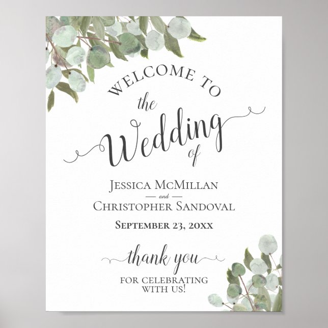 Rustic Eucalyptus Elegant Wedding Welcome Sign (Front)