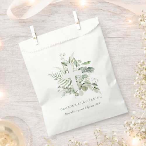 Rustic Eucalyptus Fern Foliage Cross Christening  Favor Bag