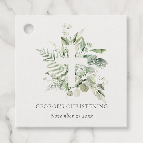 Rustic Eucalyptus Fern Foliage Cross Christening  Favor Tags