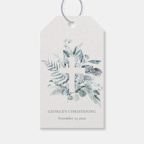 Rustic Eucalyptus Fern Foliage Cross Christening Gift Tags