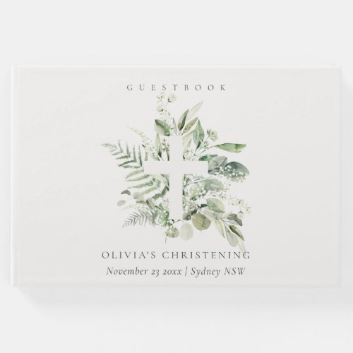 Rustic Eucalyptus Fern Foliage Cross Christening  Guest Book