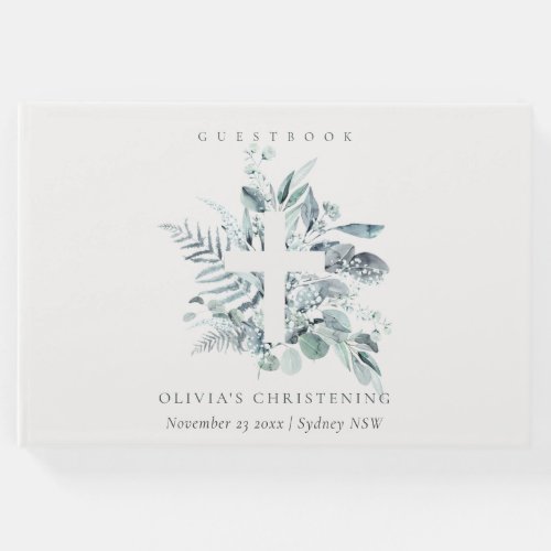 Rustic Eucalyptus Fern Foliage Cross Christening Guest Book