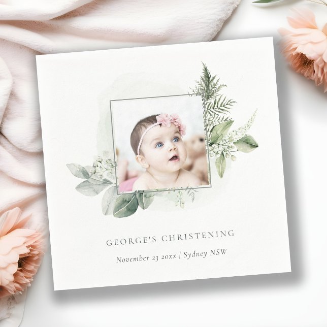 Rustic Eucalyptus Fern Foliage Cross Christening Napkins (Creator Uploaded)