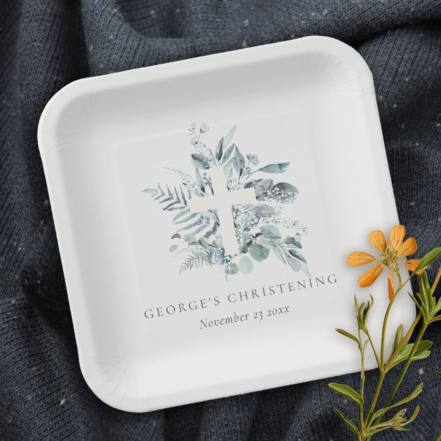 Rustic Eucalyptus Fern Foliage Cross Christening Paper Plates (Creator Uploaded)