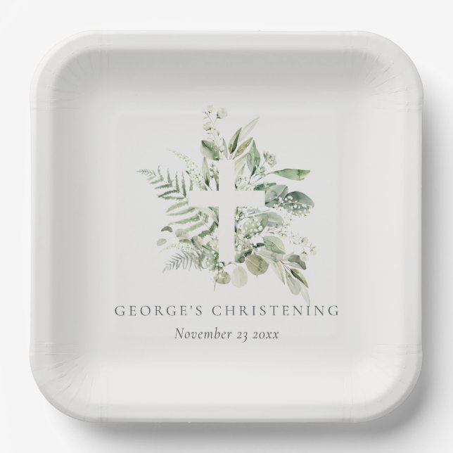 Rustic Eucalyptus Fern Foliage Cross Christening  Paper Plates (Front)