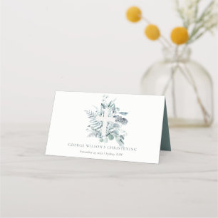 Rustic Eucalyptus Fern Foliage Cross Christening Place Card