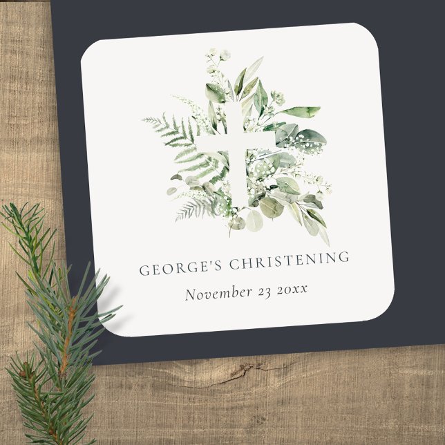 Rustic Eucalyptus Fern Foliage Cross Christening  Square Sticker (Creator Uploaded)