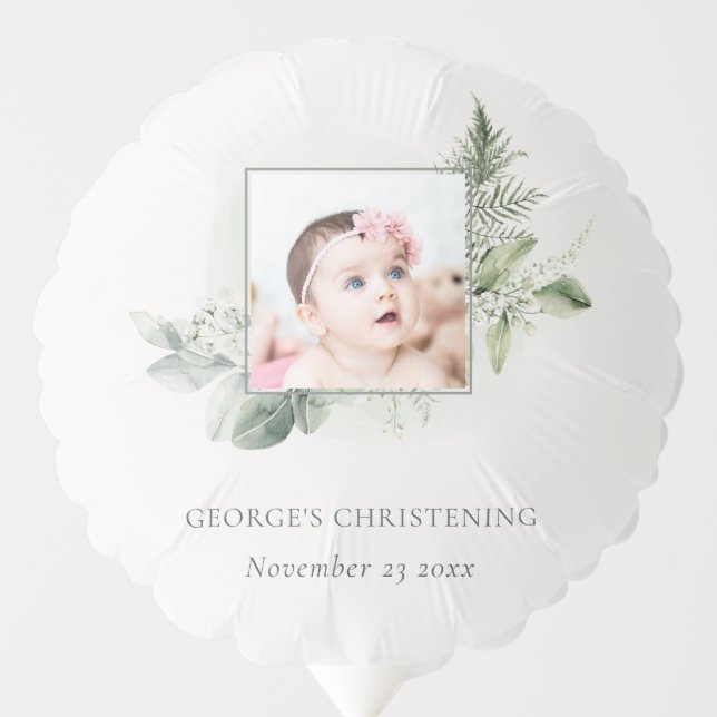 Rustic Eucalyptus Fern Foliage Photo Christening Balloon (Front)