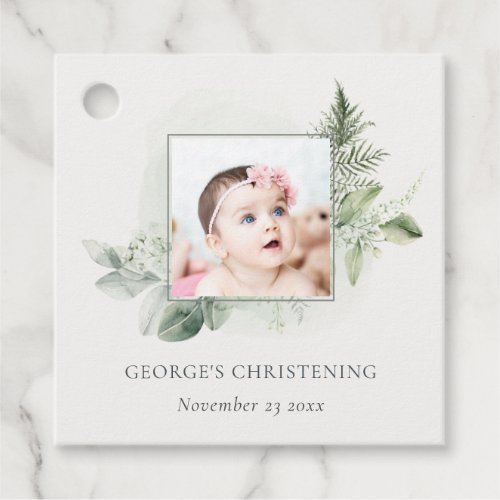 Rustic Eucalyptus Fern Foliage Photo Christening Favor Tags