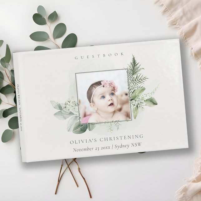 Rustic Eucalyptus Fern Foliage Photo Christening Guest Book (Creator Uploaded)
