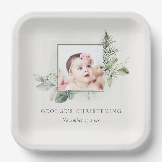 Rustic Eucalyptus Fern Foliage Photo Christening Paper Plates (Front)