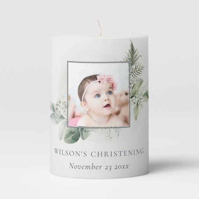 Rustic Eucalyptus Fern Foliage Photo Christening Pillar Candle (Front)