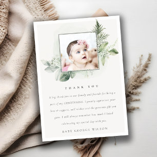 Rustic Eucalyptus Fern Foliage Photo Christening  Thank You Card