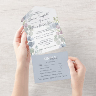 Rustic Eucalyptus Floral Dusty Blue Wedding All In One Invitation