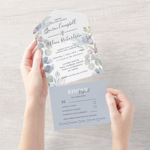 Rustic Eucalyptus Floral Dusty Blue Wedding   All In One Invitation