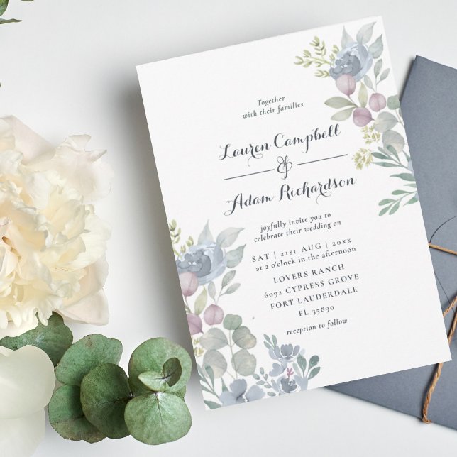 Rustic Eucalyptus Floral Dusty Blue Wedding Invitation (Creator Uploaded)