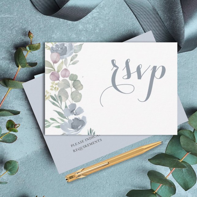Rustic Eucalyptus Floral Dusty Blue Wedding  RSVP Card (Creator Uploaded)