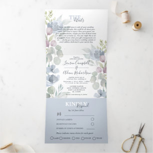 Rustic Eucalyptus Floral Dusty Blue Wedding Tri-Fold Invitation