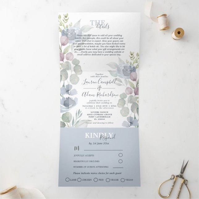 Rustic Eucalyptus Floral Dusty Blue Wedding  Tri-Fold Invitation (Inside)