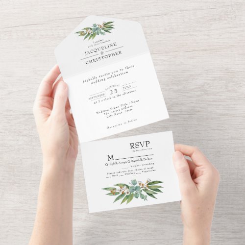 Rustic Eucalyptus Flowers Watercolor Wedding All In One Invitation
