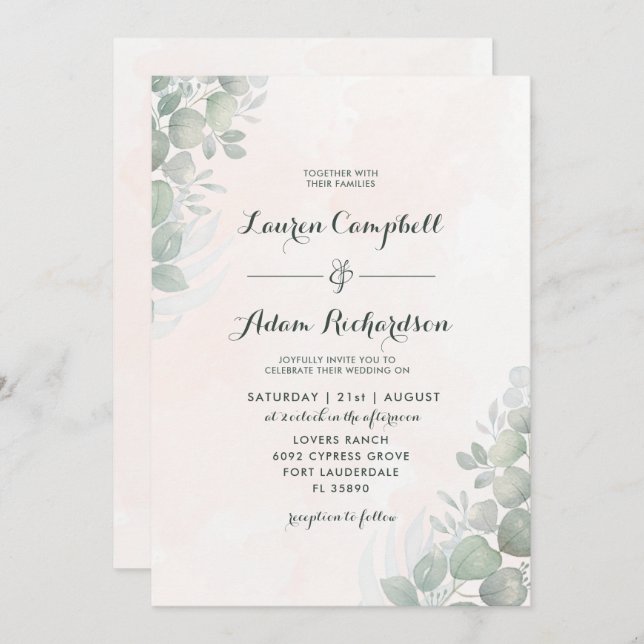 Rustic Eucalyptus Foliage Green & Orange Wedding Invitation (Front/Back)