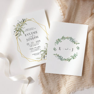 Rustic Eucalyptus Geometric Gold Frame Wedding Invitation