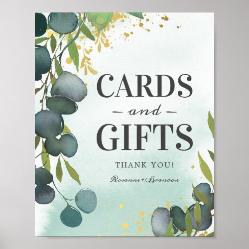 Rustic Eucalyptus Gifts & Cards Wedding Poster - Rustic greenery wedding party sign featuring a faded watercolor washed out background, botanical eucalyptus leaves, splashes of faux gold foil, the text "cards and gifts", thank you, and your names.