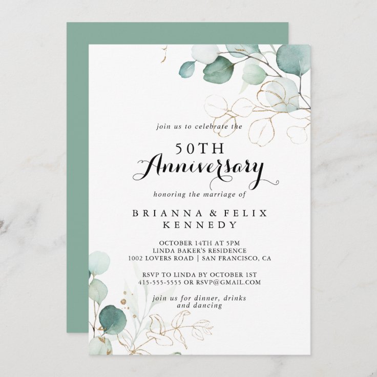 Rustic Eucalyptus Gold 50th Wedding Anniversary Invitation | Zazzle