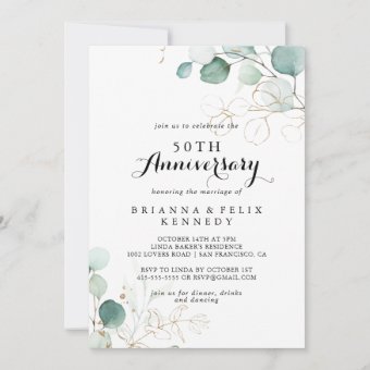 Rustic Eucalyptus Gold 50th Wedding Anniversary Invitation | Zazzle