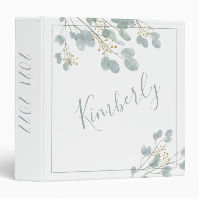 Rustic Eucalyptus Gold Accent with Name 3 Ring Binder (Front/Spine)