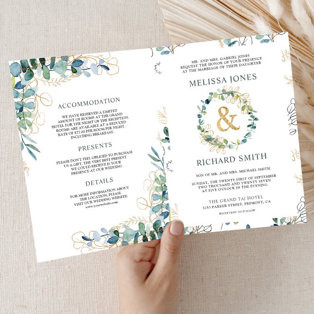Rustic Eucalyptus Gold All in One QR Code Wedding Invitation (Creator Uploaded)