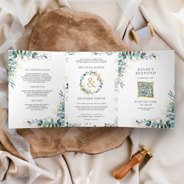 Rustic Eucalyptus Gold All in One QR Code Wedding Tri-Fold Invitation (Creator Uploaded)