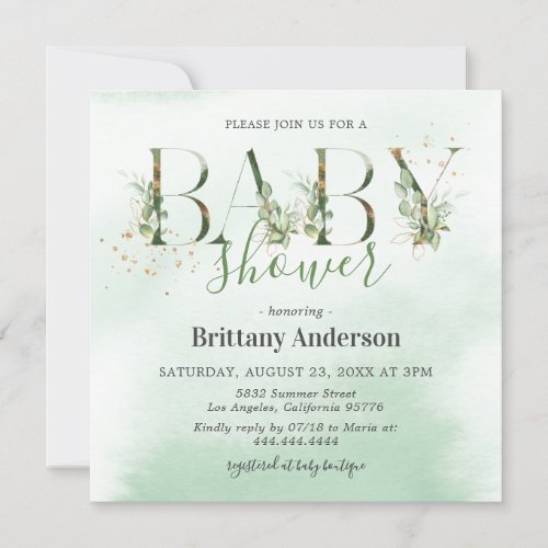 Rustic Eucalyptus Gold Baby Shower Invitation - Elegant botanical greenery baby shower invitation featuring a stylish dusty green watercolor wash background, beautiful green foliage wrapped around letters that spell out the word "BABY", gold glitter accents, and a baby shower celebration template that is easy to personalize.