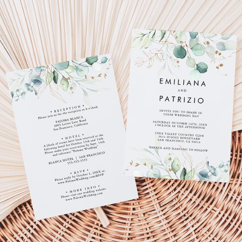 Rustic Eucalyptus Gold Back  Front Wedding  Invitation