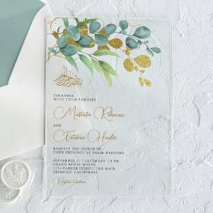 Rustic Eucalyptus Gold Branch Islamic Wedding Acrylic Invitations