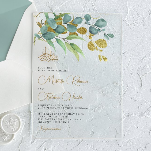 Rustic Eucalyptus Gold Branch Islamic Wedding Acrylic Invitations (Creator Uploaded)