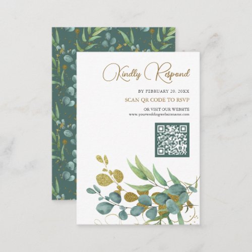Rustic Eucalyptus Gold Branch QR Code RSVP Wedding Enclosure Card