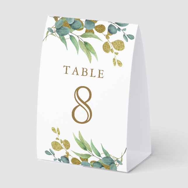 Rustic Eucalyptus Gold Branch Wedding Table Number Paper Table Tent (Front)