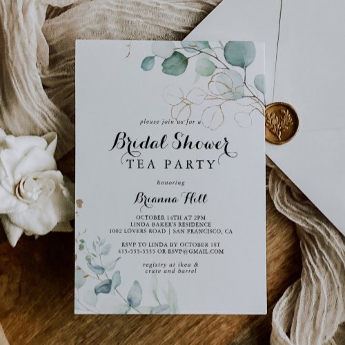 Rustic Eucalyptus Gold Bridal Shower Tea Party Invitation