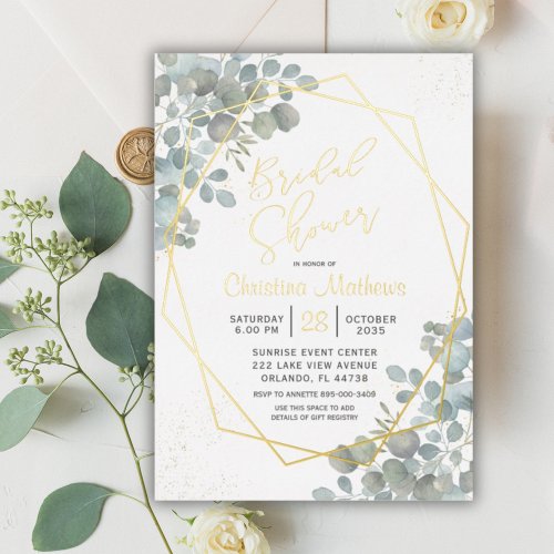 Rustic Eucalyptus Gold Calligraphy Bridal Shower Foil Invitation