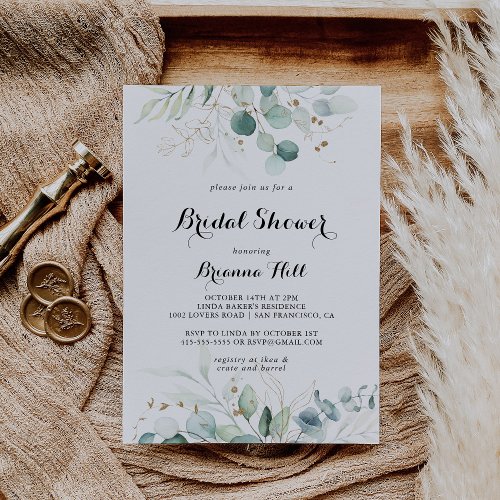 Rustic Eucalyptus Gold Calligraphy Bridal Shower Invitation